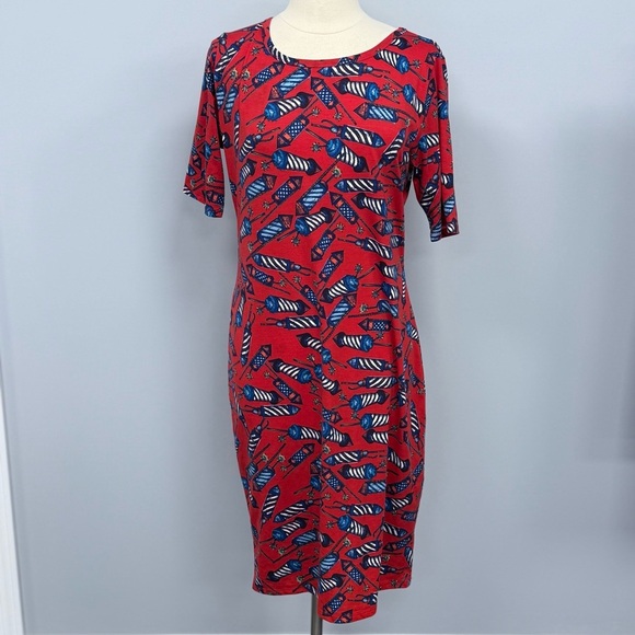 LuLaRoe Julia Dress XL Patriotic Red Fireworks July 4th Independence  Americana - Picture 1 of 8